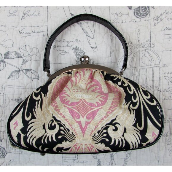 Glenda Gies Vntg Pink Black Cream  Hand Bag silver hardware patent strap - Picture 1 of 11